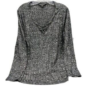 Rock & Republic Womens Sweater Size Large Black Gray Long Sleeve V-Neck Lace Up